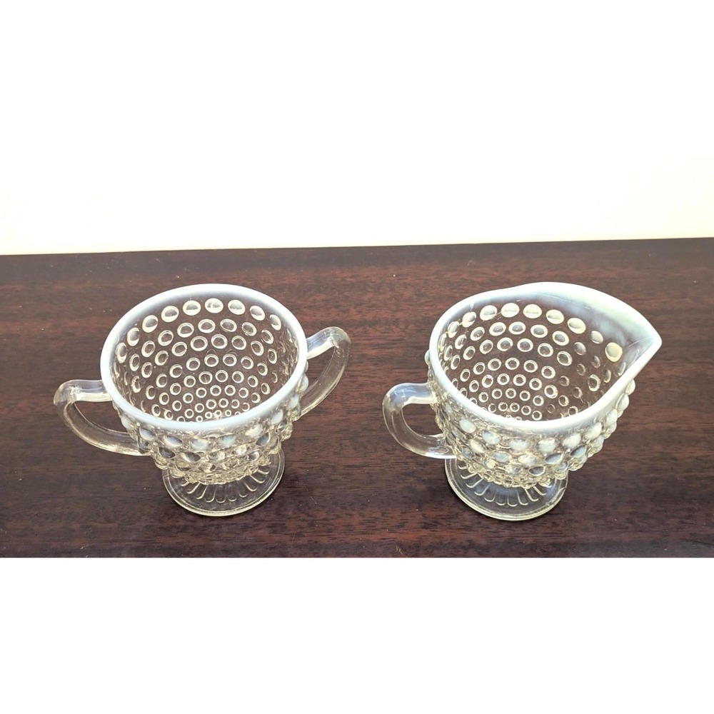 Vintage Hobnail Sugar and Creamer Set Opalescent Milk Glass Fenton Style
